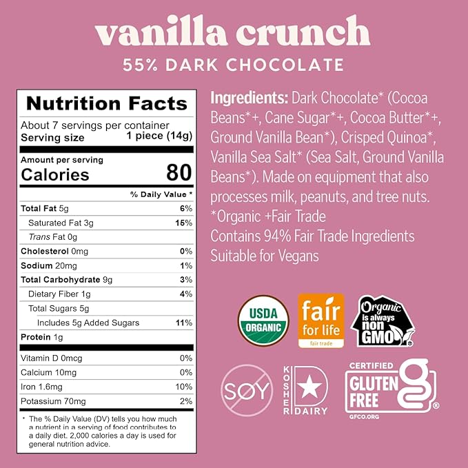 Theo Organic 55% Dark Chocolate Squares Vanilla Crunch w/Vanilla Sea Salt 6 Pouches (7 Individually Wrapped Singles per Pouch) 42 Pieces Vegan Fair Trade