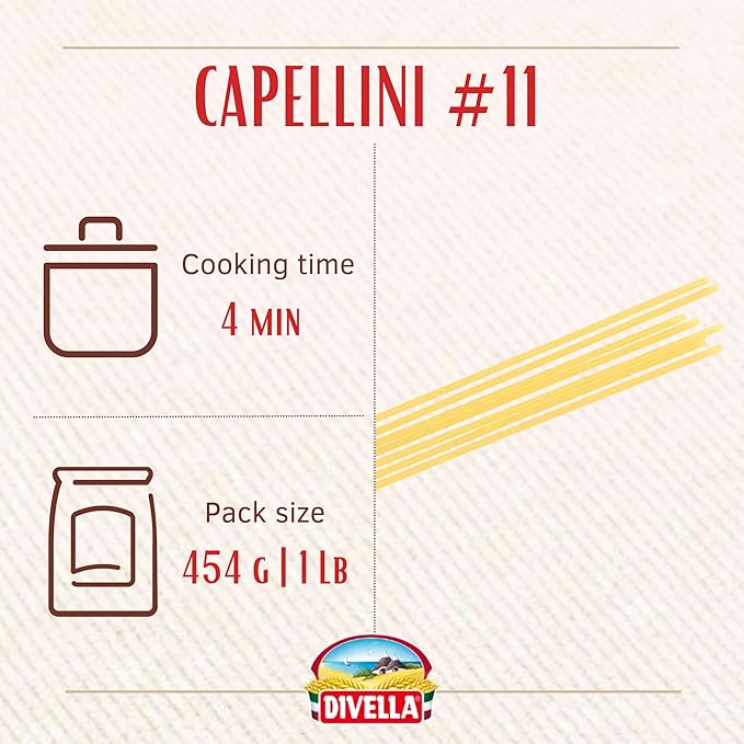 Divella Angel Hair Pasta #11 16 oz. (Capellini Pasta Pack of 3) - Authentic Italian Pasta Made with Durum Wheat Semolina Perfect 'Al Dente' Texture for Every Dish