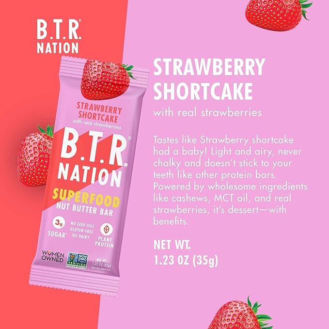 B.T.R. Nation Vegan Superfood Protein Bars - Strawberry Shortcake VITALITY | 12 Bars | Keto Plant Based and Gluten Free Low Carb Sugar Alcohol Free &amp Boosted with Powerful Superfood!