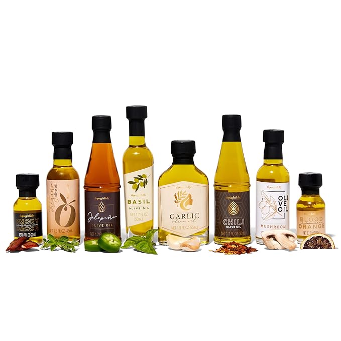 Thoughtfully Gourmet Olive Oil Sampler Gift Set Premium Extra-Virgin Olive Oil from Spain Natural Flavors Include Garlic Chili Smoky Bacon Mushroom Jalapeno and More Set of 8