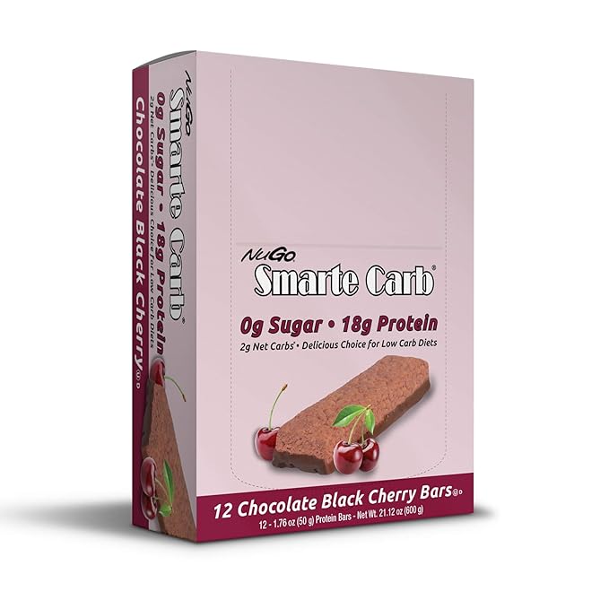 NuGo Smarte Carb Chocolate Black Cherry 18g Protein 0g Sugar 2g Net Carbs 150 Calorie 12 Count