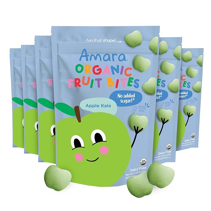 Amara Organic Fruit Bites Apple Kale - No Artificial Colors/Dyes Added Sugar Dairy-Free Fruit Snacks Made with Organic Whole Foods Healthy Fruit Snacks for Kids - 6 Pack