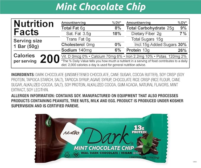 NuGo Dark Chocolate Mint Chocolate Chip 13g Protein Bar Vegan Gluten Free Non-GMO Kosher Pareve 12 Count