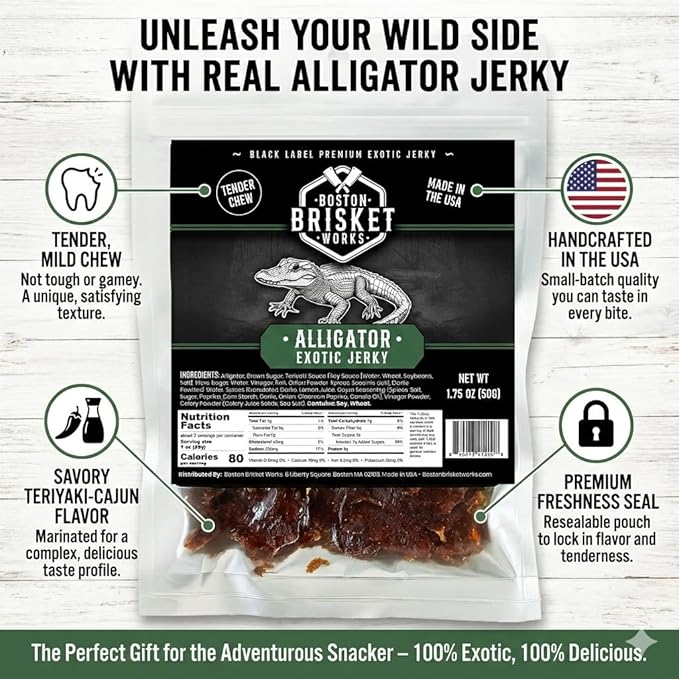 ALLIGATOR JERKY - 100% Gator Meat - Weird Food &amp Exotic Snack - Funny Birthday Present for Him Dad - Bizarre Edible Gift