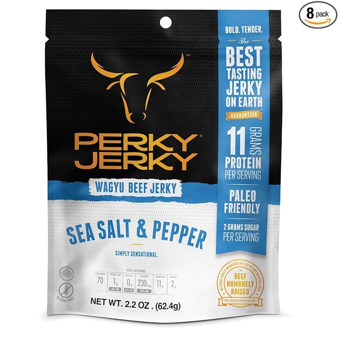 Perky Jerky Wagyu Beef Sea Salt &amp Pepper 2.2 Ounce (Pack of 8) - 200mg sodium - 12g Protein per serving - Low Fat - 100% US Sourced - Tender Texture
