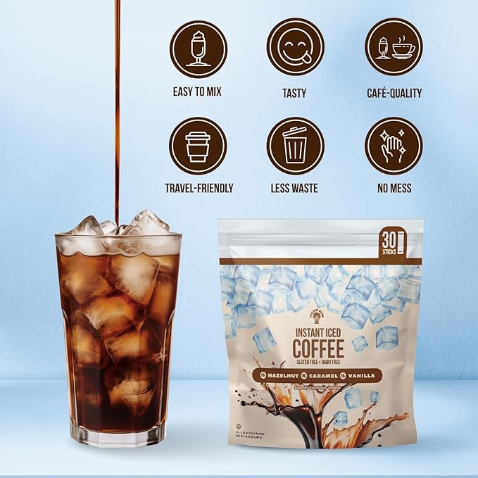 The Frozen Bean - Instant Iced Coffee Combo Pack Hazelnut Caramel VanillaGluten-Free Dairy-Free Packs of 30
