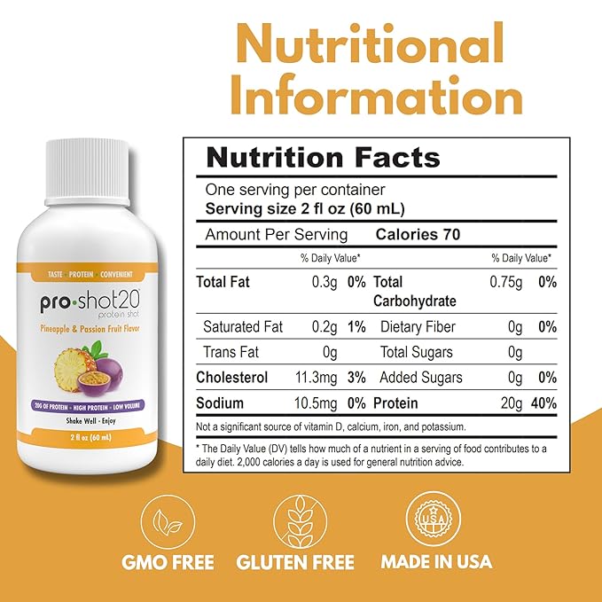 Pro-Shot20 Protein Shot Pineapple &amp Passion Fruit Flavor 60 mL 12-Pack- 20g Whey Protein &amp Hydrolyzed Collagen Drink- Low Calorie Low Carb Gluten Free No Aspartame Ready to Drink