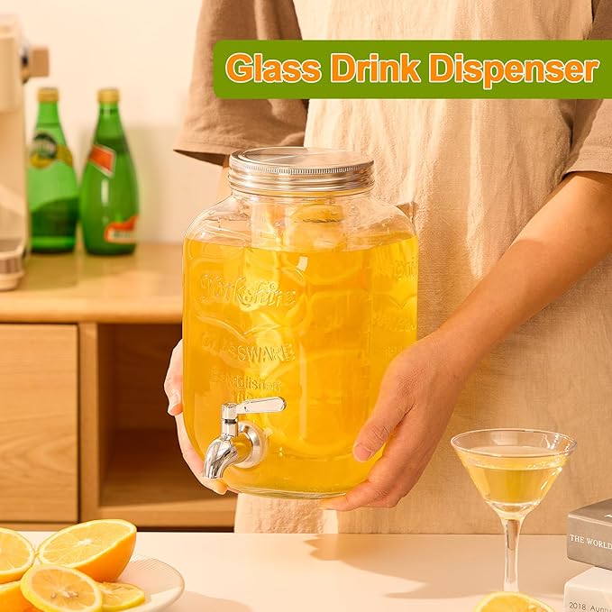 1 Gallon Beverage Dispenser Glass Drink Dispensers for Parties Fruit Infuser and Stainless Steel Spigot 100% Leakproof Beverage Dispenser for Lemonade Sun Tea
