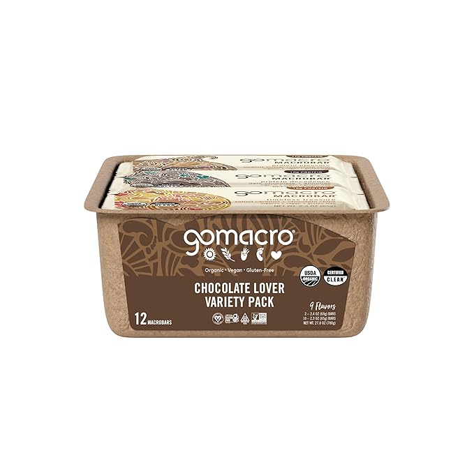 GoMacro MacroBar Organic Vegan Protein Bars - Chocolate Lover Variety Pack (2.3 Ounce Bars 12 Count)