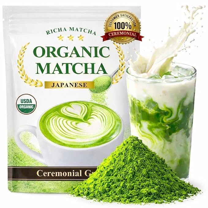 RICHA MATCHA – Organic Ceremonial Grade Japanese Matcha Powder – Uji Matcha Green Tea from Kyoto Japan – First Harvest – Smooth &amp Vibrant No Bitterness – No Sugar Added – 2.12oz (60g)