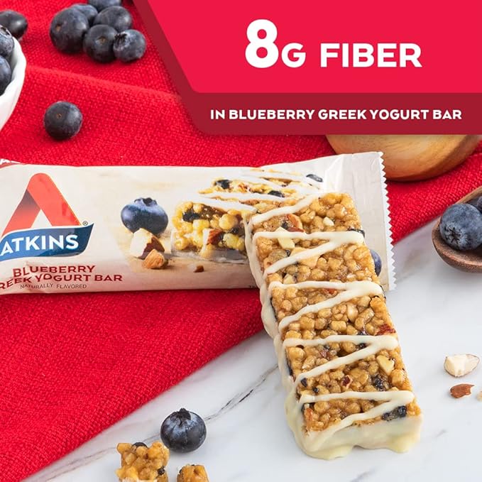Atkins Blueberry Greek Yogurt Protein Meal Bar High Fiber 15g Protein 3g Sugar 5g Net Carbs Meal Replacement Keto Friendly 5 Count
