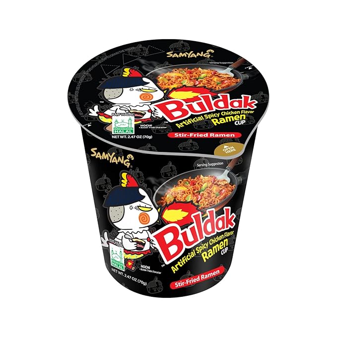 W&ampE Mart Ramen Buldak Hot Spicy Chicken Ramen Noodle Korean Stir-Fried Original Flavor Pack of 6 cups