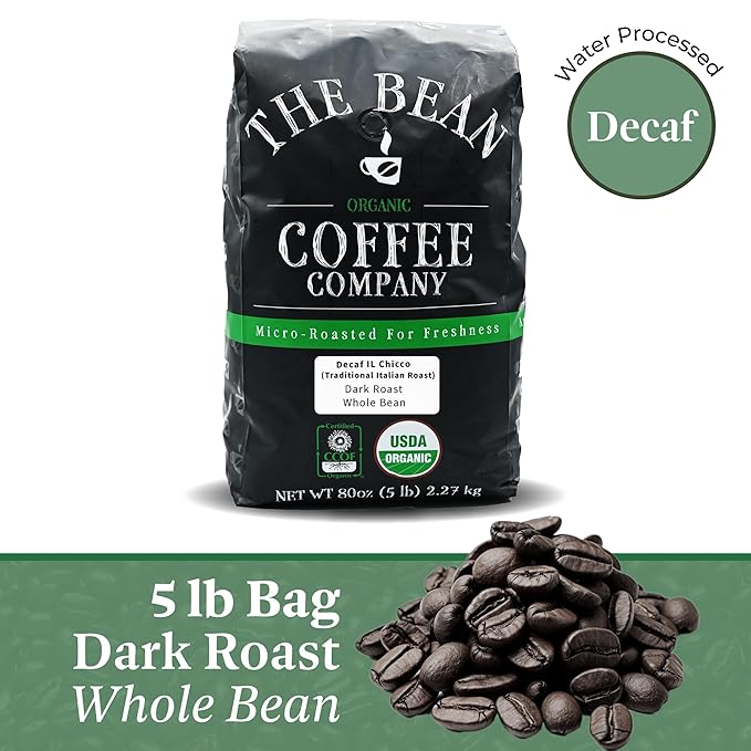 The Bean Organic Coffee Company Water Processed DECAF IL Chicco (Traditional Italian Roast) Dark Roast Whole Bean Coffee 5-Pound Bag