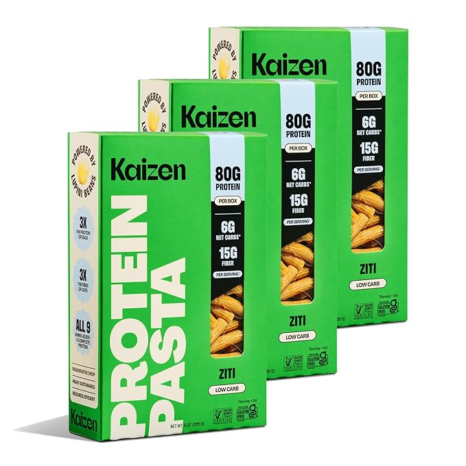 Kaizen Low Carb Keto Pasta Ziti - High Protein (20g) Gluten-Free Keto-Friendly (6g Net) Plant-Based Lupini Noodles made w/High Fiber Lupin Flour - 8 ounces (Pack of 3)
