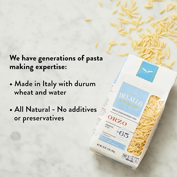 DeLallo Orzo Pasta 1 Pound Bag (7 Pack) Pastina Made in Italy Rice-Shaped Pasta Bronze Cut Made with Only 100% Durum Wheat Semolina Flour Non-GMO Kosher Vegan