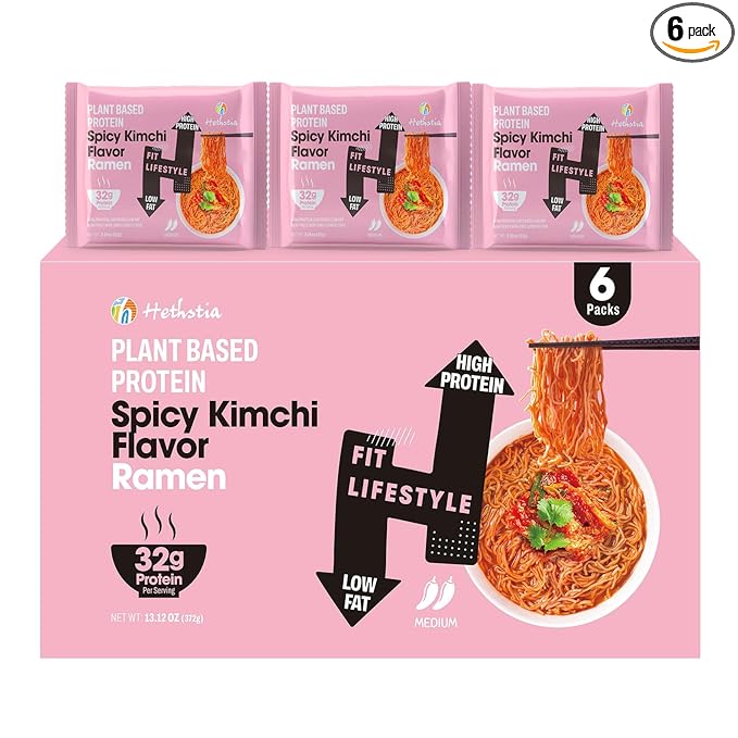 Hethstia High-Protein Ramen 6-Pack Instant Noodle Soup Spicy Kimchi Flavor 32g Plant-Based Protein Non Fried Low Fat Vegan Non-GMO Healthy Quick Meal