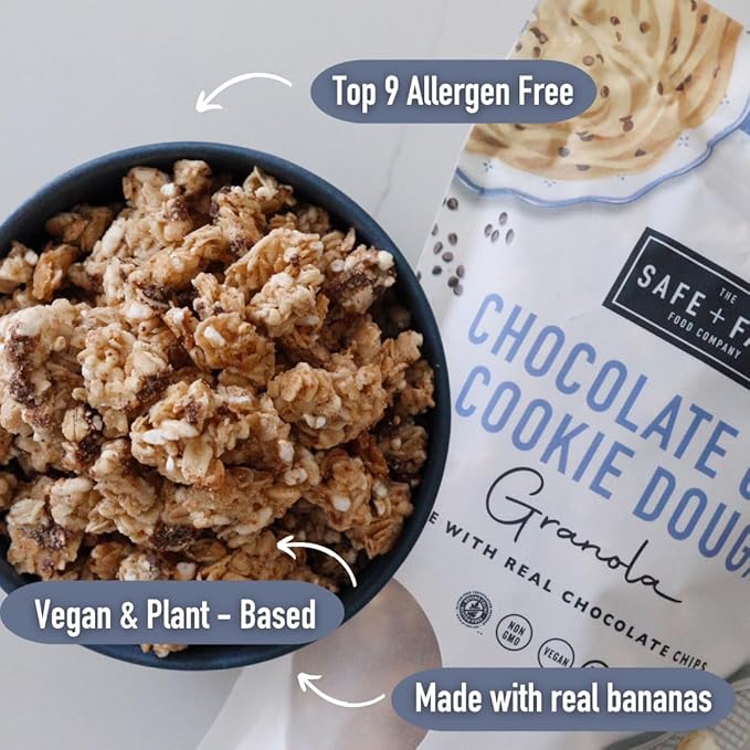 Safe + Fair Chocolate Chip Cookie Dough Granola – Gluten-Free Dairy-Free &amp Vegan Snack – Allergen-Free Non-GMO and No Artificial Ingredients – 12oz Pack 6 Pack
