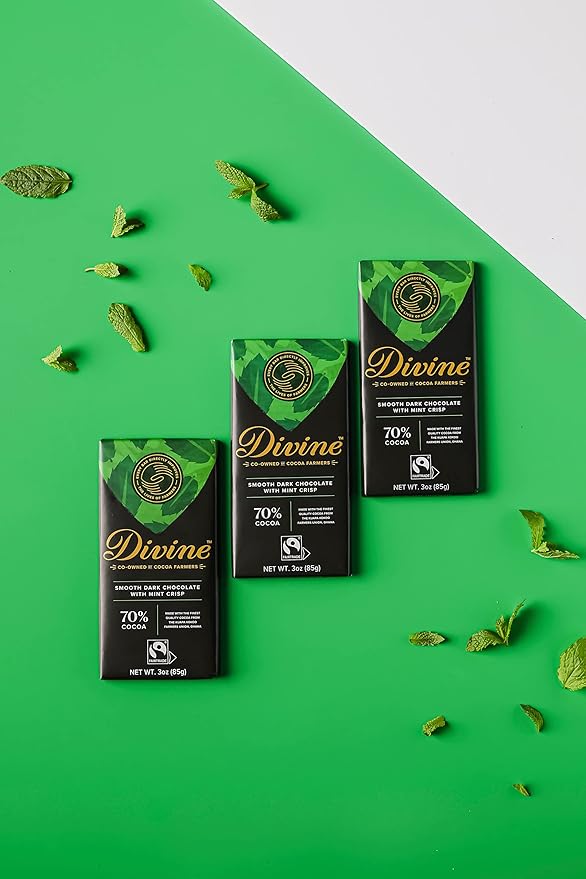 Divine Chocolate Bars - 70% Dark Chocolate with Mint Crisp - Made with Fairtrade Cocoa Natural Ingredients No Artificial Flavors | 3oz. Bars (12 Pack)