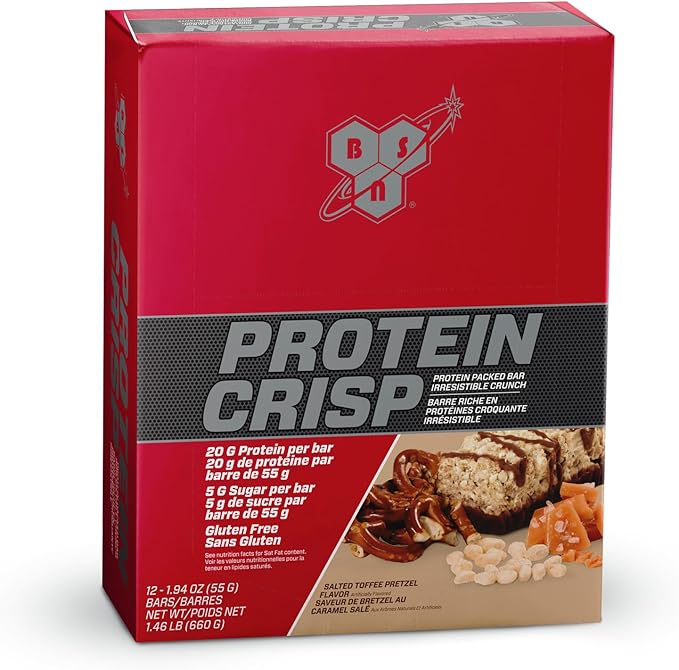BSN Protein Crisp Bar Salted Toffee Pretzel 20 Gram Protein Snack Bars with Whey and Fiber Gluten-Free Crunchy Energy Bars for Workout Fitness On-the-Go 12 Count