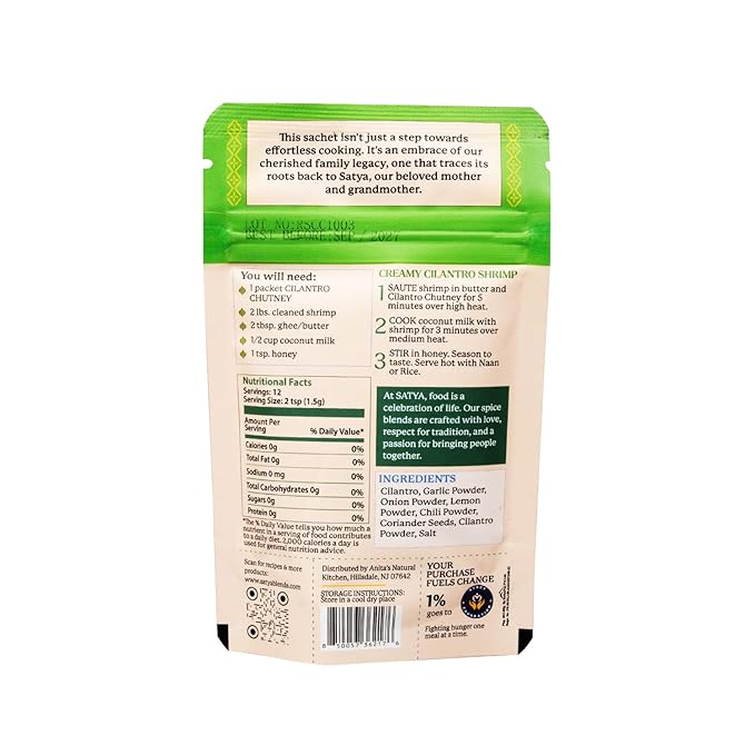 Satya Cilantro Chutney Powder Seasoning Mix 0.6 oz Sachets (Pack of 5- 85gm) – Herb Lemon Indian Seasoning for Vegetables &amp Seafood - Vegan Gluten &amp Dye Free Low Sodium Authentic Indian Spic