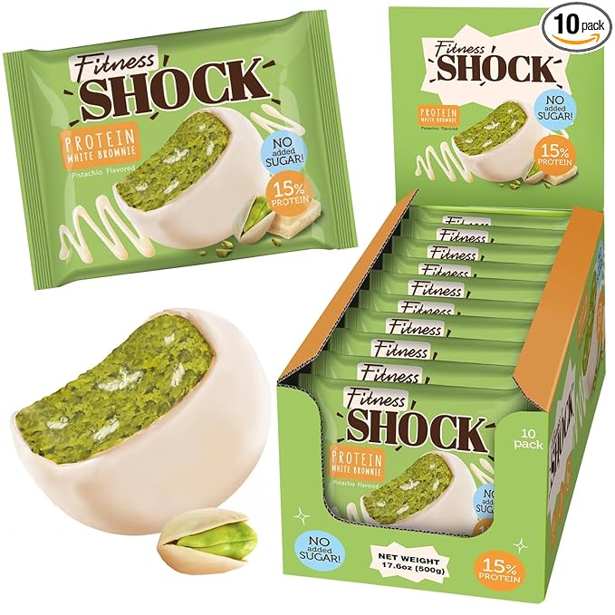 FitnesSHOCK Pistachio White Chocolate Protein Brownie – Low Sugar Dessert Snack (2g Total Sugar No Added Sugar) – Healthy Snack – 10 Count