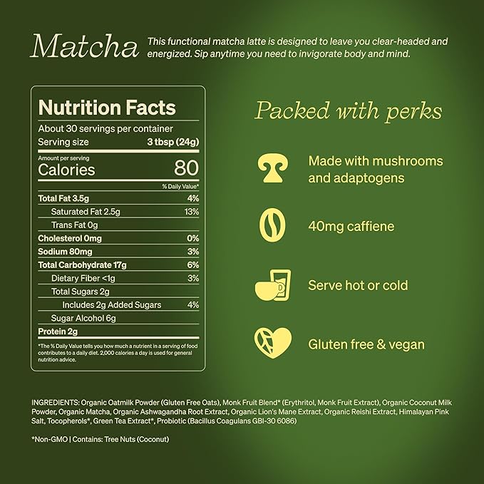 Clevr Matcha Superlatte Instant Ceremonial Grade Superfood Powder Blend with Oat Milk Lions Mane Reishi Mushroom Coconut Cream Ashwagandha Serve Hot or Iced (30 Lattes)