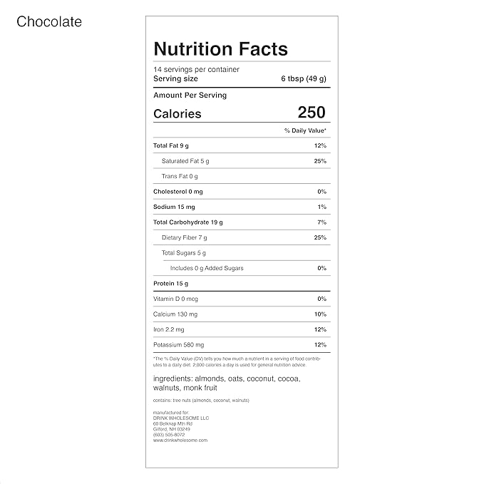 Drink Wholesome Vegan Chocolate Meal Replacement Powder for Sensitive Stomachs | Minimally-Processed Whole-Food Meal | Additive-Free Dairy-Free Gluten-Free | Low Sodium