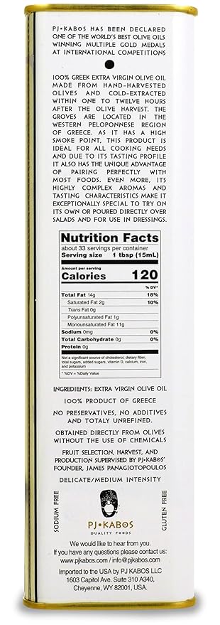 P.J. KABOS Fresh 2025/26 Harvest High Phenolic (400+mg/kg) Natural Greek Extra Virgin Olive Oil Kosher Greece Cold Extracted 16.9 oz Tin Koroneiki Family Reserve -Medium (3-Pack)
