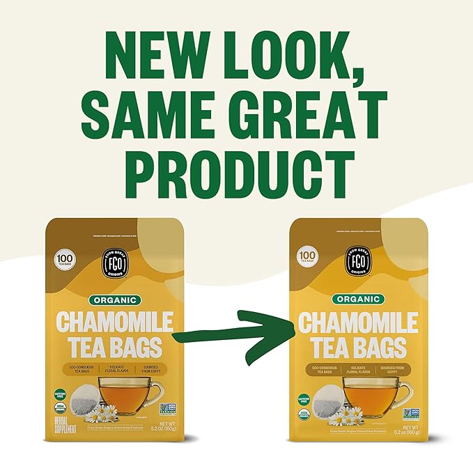 FGO Organic Chamomile Tea 100 Eco-Conscious Tea Bags Caffeine Free Resealable Bag Packaging May Vary (Pack of 1)