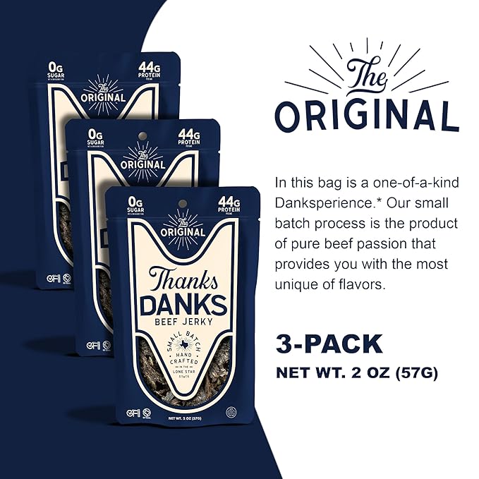 Thanks Danks - The Original - Small Batch Grass-Fed Steak Jerky - Sugar Free Gluten Free Nitrate Free - Guilt-Free Protein Snack - 57g (3 Pack)