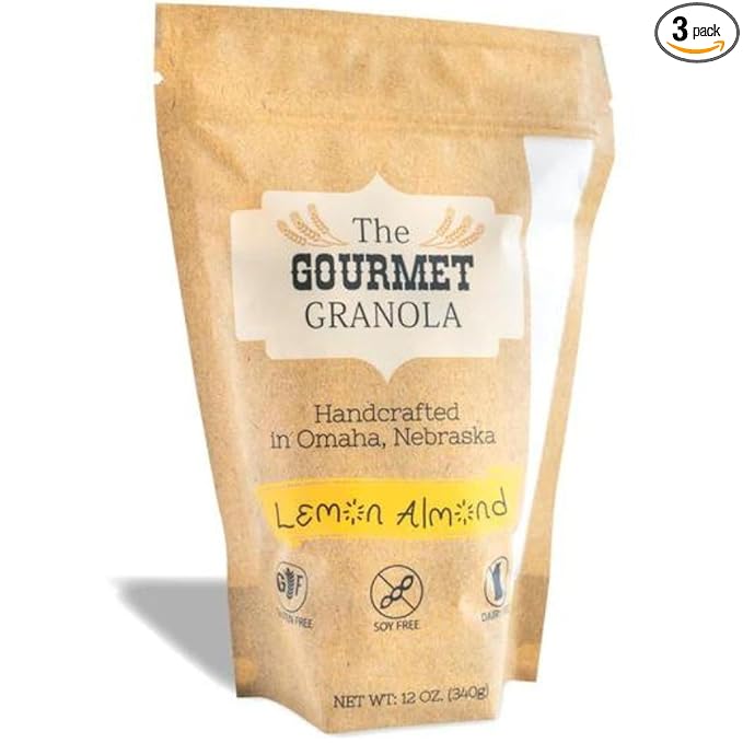 Refreshing Lemon Almond Granola | 3-Pack 12 oz. Bags | Savory or Sweet | Dairy Gluten Soy-Free | The Gourmet Granola