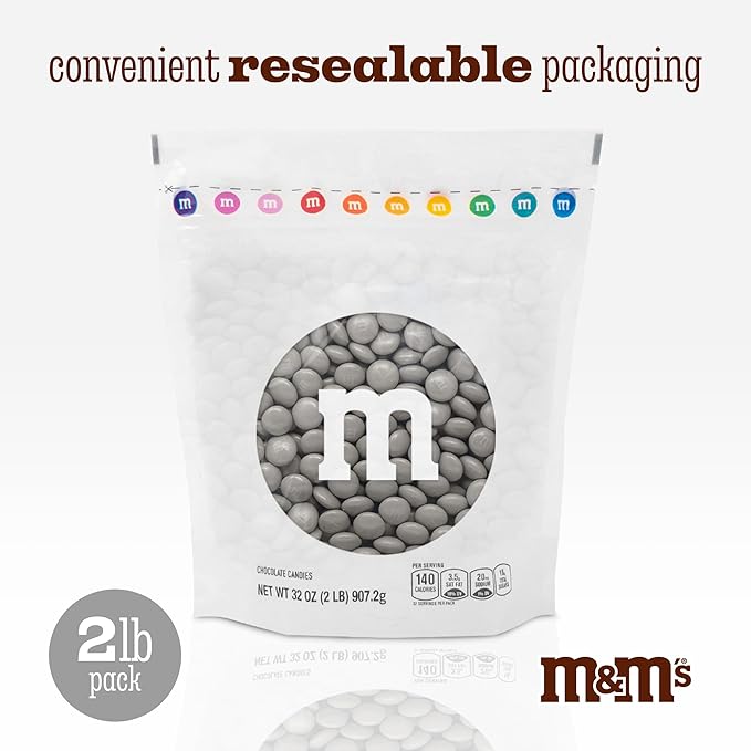 M&ampM’S WORLD Silver Milk Chocolate Candy Bulk - 2lbs Resealable Pack for Party Favors Candy Bars Weddings Graduations Birthday Parties Party Favors and More