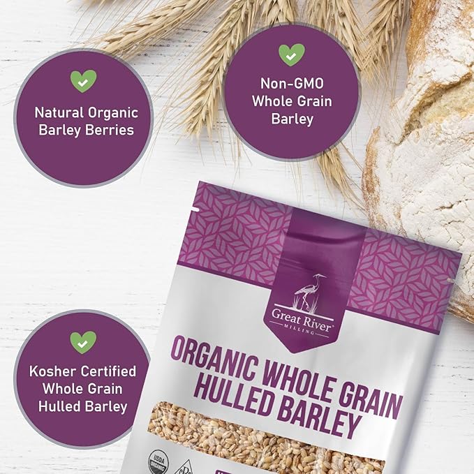 Great River Milling Organic Hulled Barley Grain | Whole Grain Barley for Home Milling Cooking and Baking | High Fiber Non GMO Kosher | 5 Lb