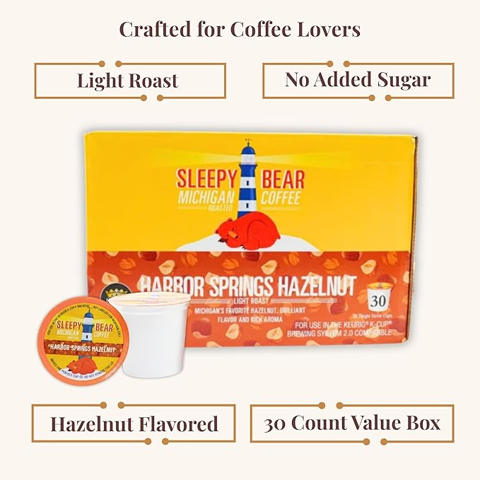 Sleepy Bear Coffee Pods Medium Roast Arabica Rich Flavor Michigan-Made Smooth &amp Sweet No Sugar Added 30ct Pods Compatible with Single-Serve Brewers (Harbor Springs Hazelnut)
