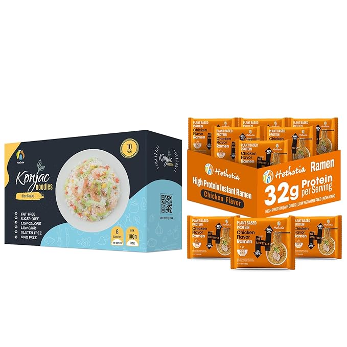 Hethstia Bundle – Konjac Shirataki Rice &amp High Protein Ramen Chicken Flavor 10 Konjac Rice Packs + 6 Chicken Ramen Bags Vegan 32g Plant Protein Low Fat Non-GMO Healthy Meal Kit