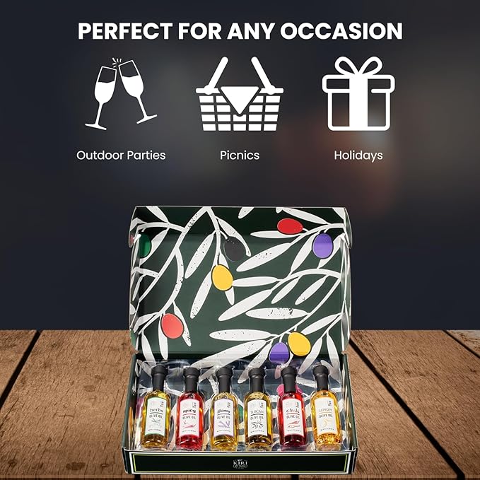 Kiri &amp Sons Olive Oil Gourmet Sampler Gift Set of 6 - Premium Extra-Virgin Blend Olive Oil Made In Spain Natural Flavors Include Herbs Chili Spice Rosemary Tuscan &amp Lemon - Gifts for Her
