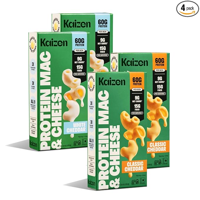 Kaizen Pasta Mac &amp Cheese Variety Pack - High Protein (24g) Low Carb Keto- Friendly Gluten-Free Non-GMO - 6.4 Ounces (Pack of 4) Classic &amp White Cheddar