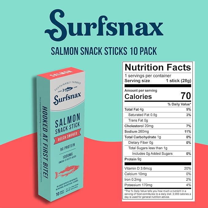 Surfsnax Salmon Jerky Snack Sticks - Sustainably Farmed Beechwood Smoked Salmon Jerky Snacks - High in Protein Omega-3's Keto Paleo Whole30 10 Count