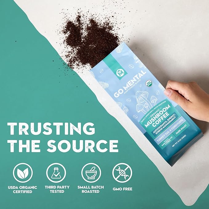 Organic Turkey Tail &amp Cordyceps Mushroom Coffee Dark Roast Antioxidants Immune System Support overall wellness Grade 1 Single Origin Peruvian | 12oz - Ground (2 Pack)