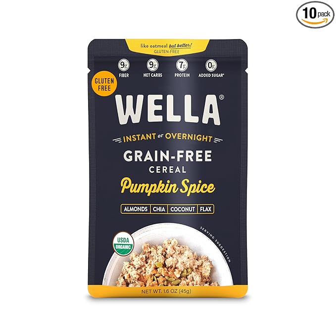 Wella Cereal Oatmeal Alternative Gluten-Free Breakfast Hot Cereal Grain-Free Paleo Organic Vegan High Protein Superfood Plant-Based Non-GMO Low in Net Carbs Single-Serve Packets Pumpkin Spice Fl