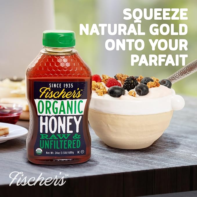 Fischer's 100% Organic Honey USDA Certified – Pure Raw &amp Unfiltered Honey – All-Natural Sweetener – Rich Flavor Profile Packed with Nutrients 24 Oz (Pack of 2)