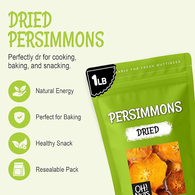 Oh! Nuts Dried Persimmons - Dehydrated Fruit - No Sugar Added - 1 lb Bag - Persimmon Slices - Dried Persimmons for Snacking &amp Baking