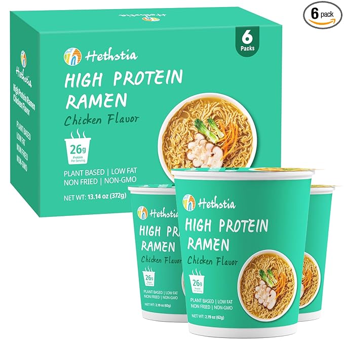 Hethstia High Protein (26g) Ramen Cup Noodles Chicken Flavor 6 Count Plant Based Vegan Noodle Soup Non Fried Low Sugar Low Fat Ready to Eat Healthy Asian Meal &amp Holiday Gift