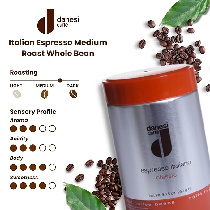 Danesi Caffe Italian Whole Coffee Beans - Espresso Coffee Beans and Medium Roast Whole Bean - Perfect for Espresso Machines French Press and Home Brewing - Classic (8.75 oz)