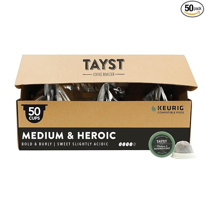 Tayst Coffee Pods Medium &amp Heroic Medium Roast K Cups Compatible with Keurig Coffee Maker Sustainable Single Serve Pack of 50