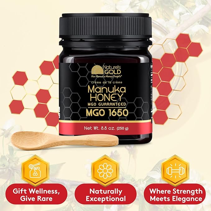 Nature’s Gold Manuka Honey MGO 1650+ Gift Set with Wooden Spoon | 8.8oz (250g) 100% Pure Genuine Traceable Hive to Home