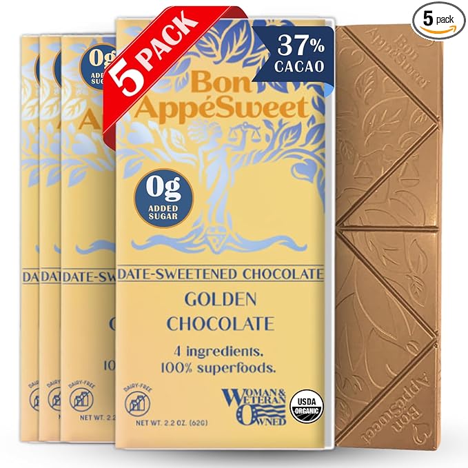 Bon Appesweet Date Sweetened Chocolate Bar - Golden Chocolate | 2.2 Ounce (Pack of 5) | Organic Zero Added Sugar 37% Cacao Plant Based Dairy Free and Guilt Free!