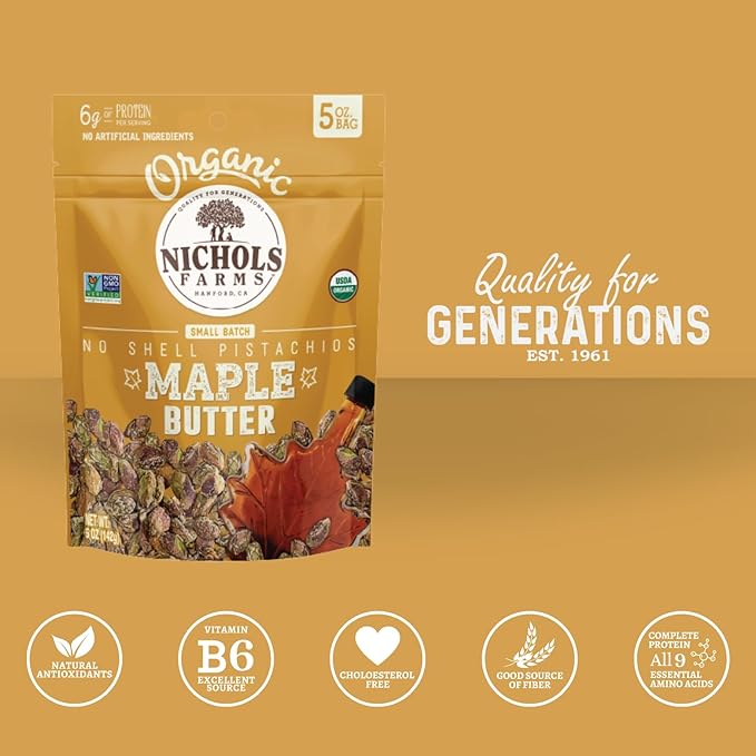 Organic Pistachios Maple Butter Flavored 5oz 3 Pack No Shell California Pistachios - Nichols Farms
