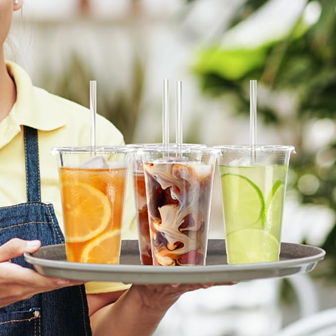 100 Pack - 20 oz Clear Plastic Cups with Lids and Straws Sturdy &amp Food Safe Iced Coffee Cups with lids Disposable Plastic Smoothie Cups for Cold Drinks