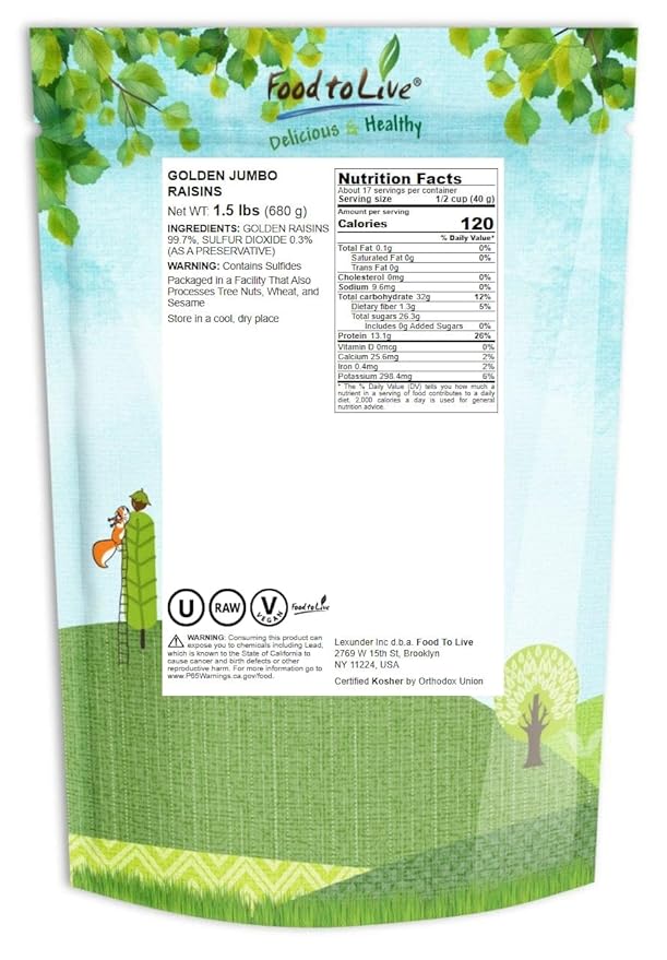 Food to Live California Jumbo Golden Raisins 1.5 Pounds – Seedless Sun-Dried No Added Oil No Added Sugar Kosher Vegan Raw Bulk